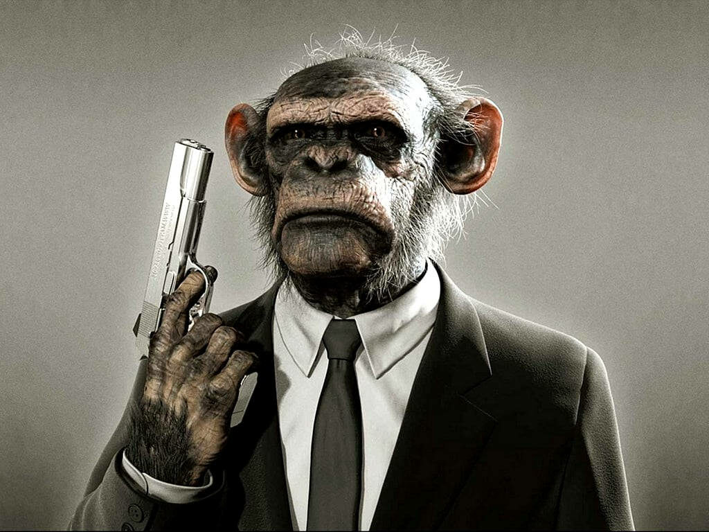 Stylized Monkey in Suit with Gun: Fun & Intriguing Wallpaper