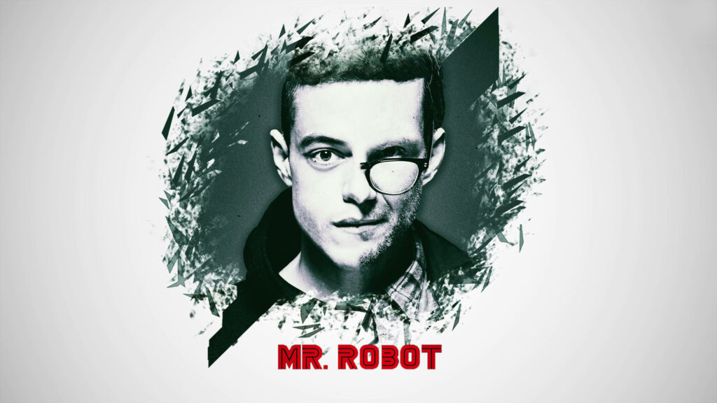 Stylized Mr. Robot Portrait Wallpaper: Abstract Black & White Design