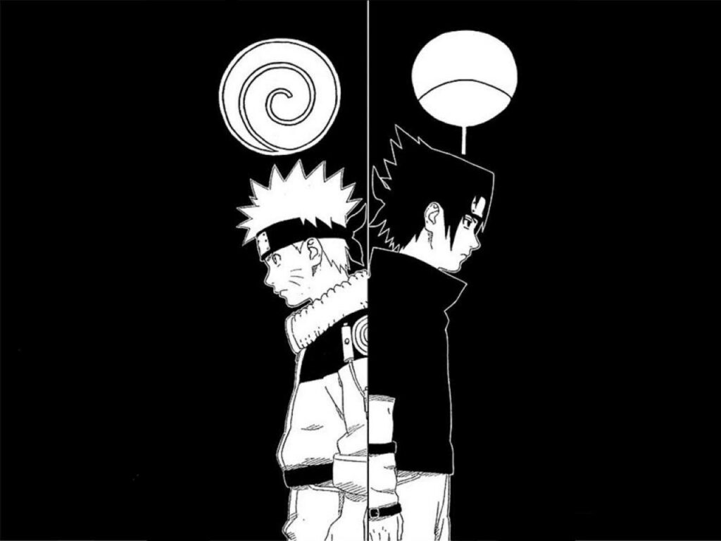 Stylized Naruto & Sasuke Anime Wallpaper - Minimalist Black & White Art
