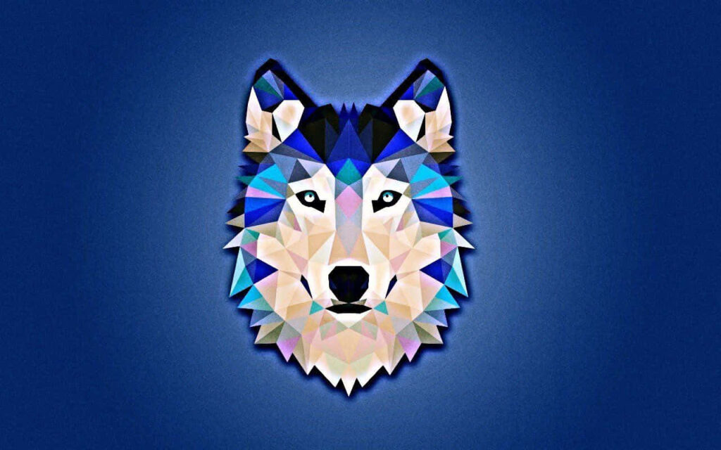 Stylized Polygonal Wolf Head Wallpaper on Deep Blue Background