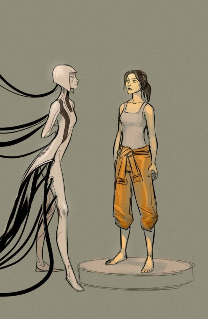 Stylized Portal 2 Wallpaper: Chell vs. GLaDOS in Dynamic Design