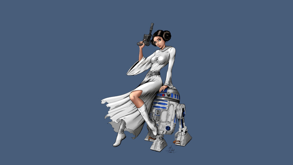 Stylized Princess Leia and R2-D2 Wallpaper | Minimalist Blue Design