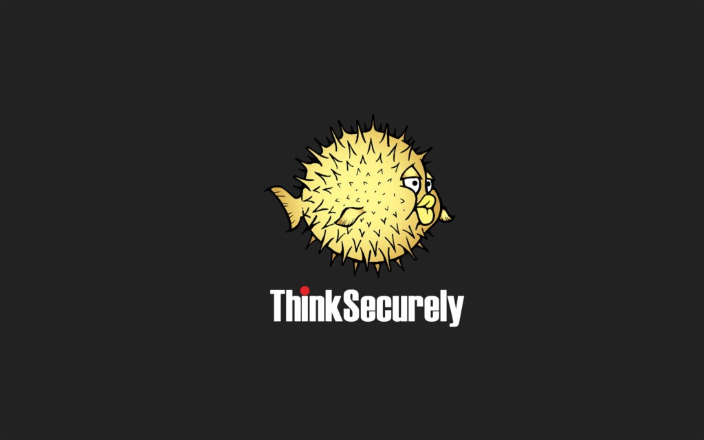 Stylized Pufferfish Illustration with ThinkSecurely on Black Wallpaper