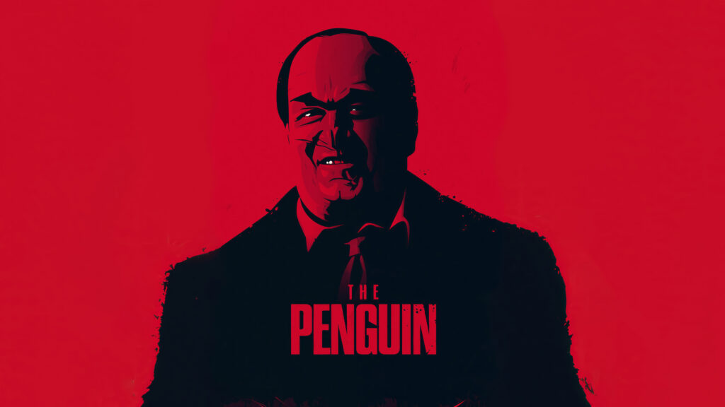 Stylized Red & Black Penguin Wallpaper: Intense Colin Farrell Design