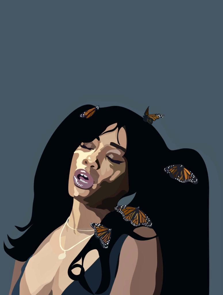 SZA Digital Art Wallpaper: Butterflies & Flowing Hair Design
