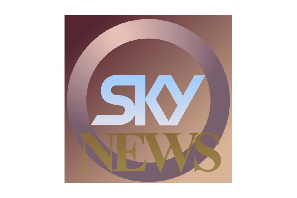 Sky News logo digital wallpaper with circular pink brown gradient and white gold text design