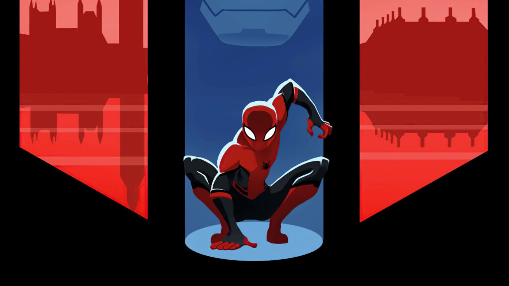 Stylized Spider-Man Wallpaper: Minimalist Red & Blue Urban Design