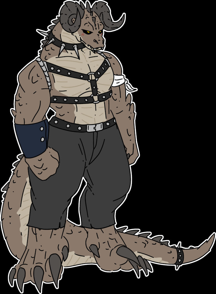Stylized upright Fallout Deathclaw with spiked leather harness dark pants muscular reptilian build Wallpaper