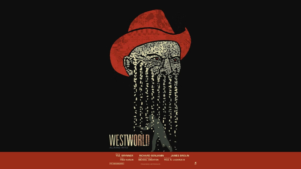 Stylized Westworld Cowboy Wallpaper with Bold Red Hat - Dark Design