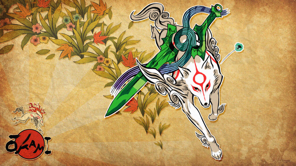 Stylized White Wolf HD Wallpaper with Japanese Floral Background