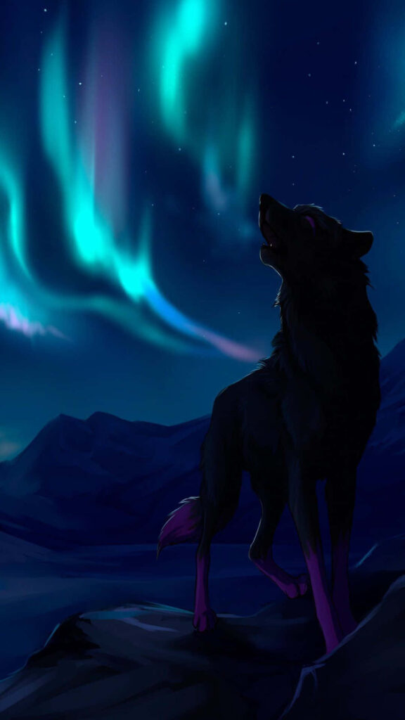 Stylized Wolf Logo with Northern Lights - Serene iPhone Wallpaper