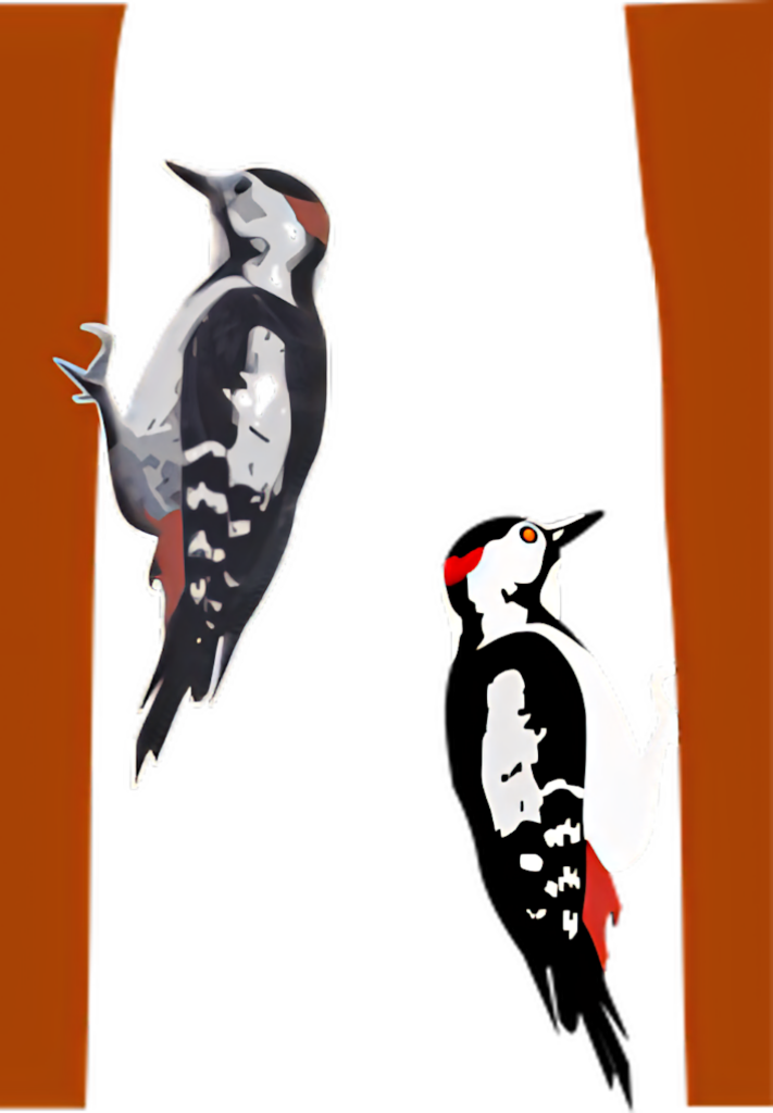 Stylized Woodpeckers Artwork: Bold Colors & Modern Design Wallpaper