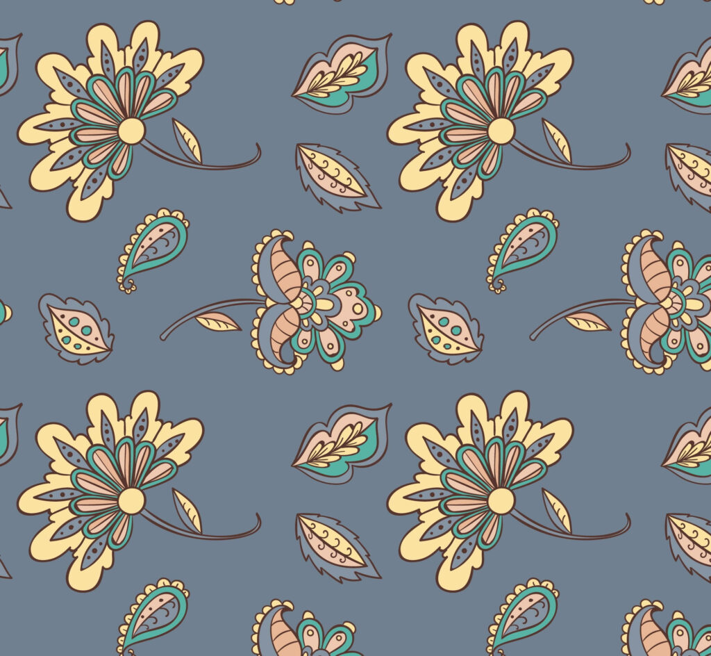 Stylized Yellow Flower Batik Wallpaper on Muted Blue Background