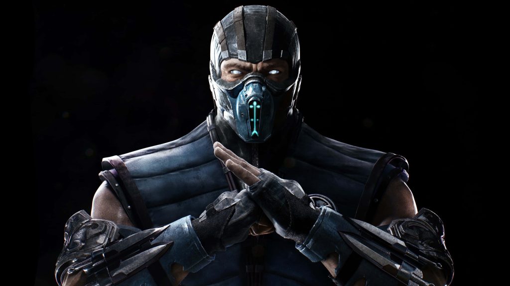 Sub-Zero from Mortal Kombat in icy armored suit with glowing eyes on sleek black background wallpaper