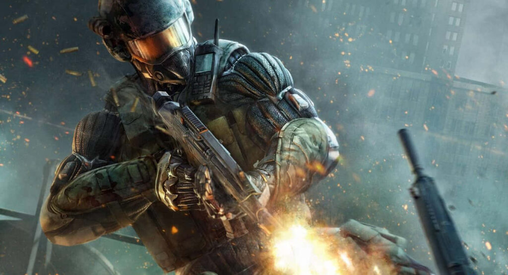 Crysis 3 Protagonist in Nanosuit wields Bow amidst Explosive Battle Wallpaper