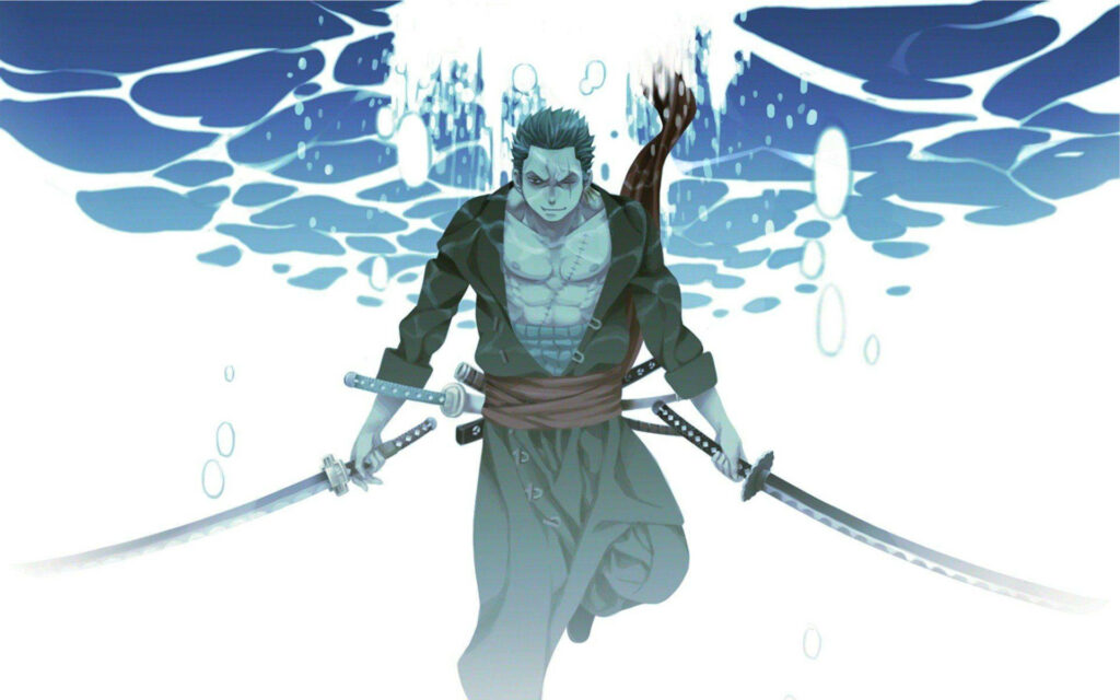 Beneath the Surface: Roronoa Zoro Wields His Blades in Stunning One Piece Wallpaper