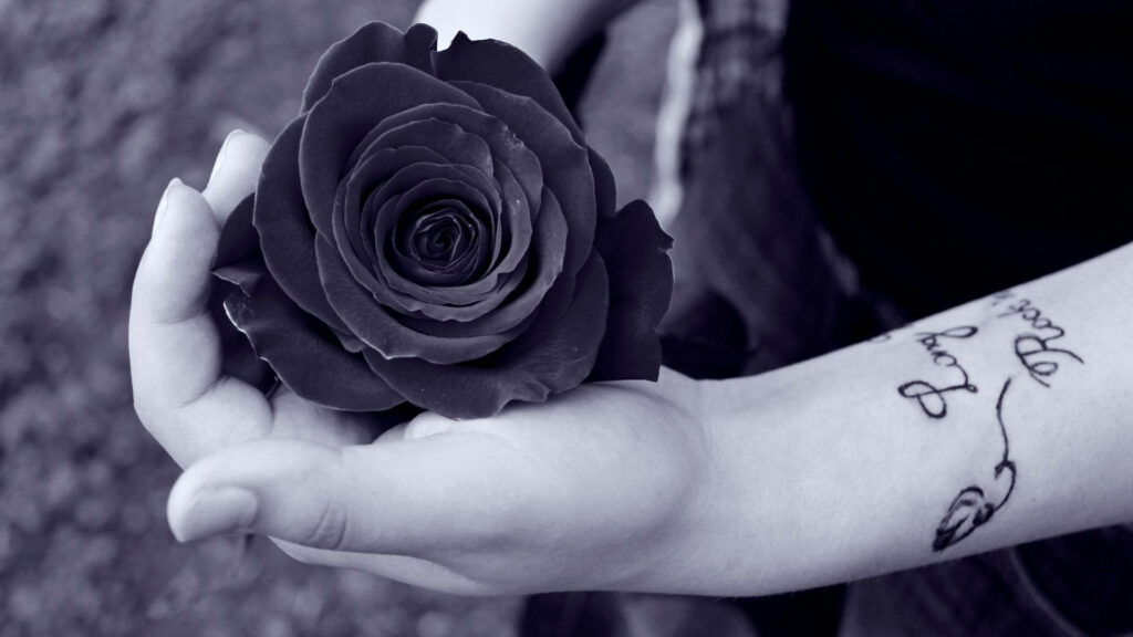 Monochrome Serenity: Black Rose Grasped by Tattooed Hand Wallpaper