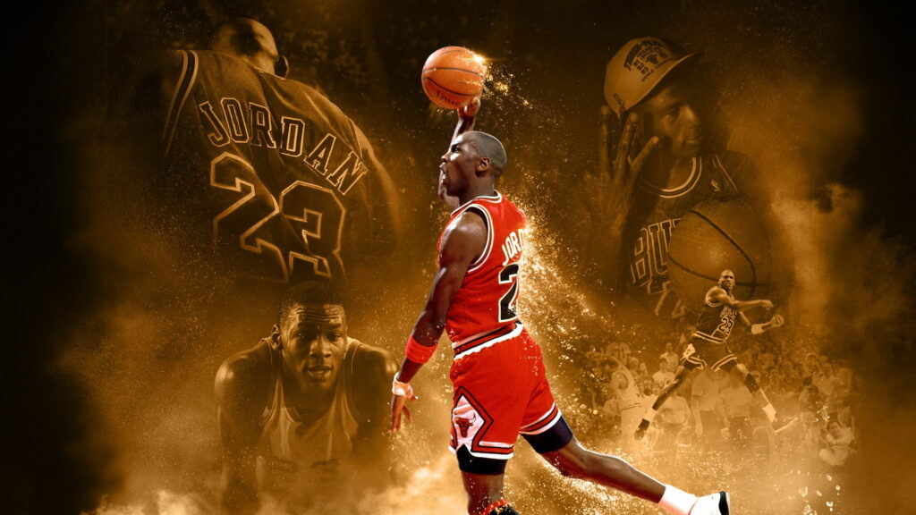 Michael Jordan Chicago Bulls digital collage wallpaper glowing orange sepia tones basketball legend
