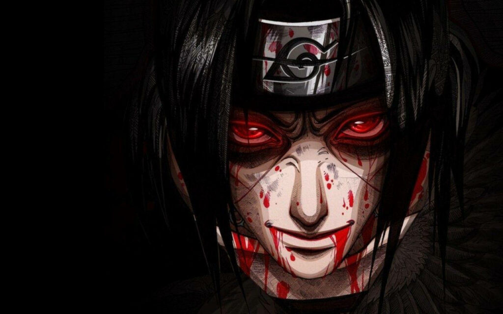The Battle-Worn Countenance: Itachi's Gory Face, Adorned with Fierce Sharingan Eyes Wallpaper