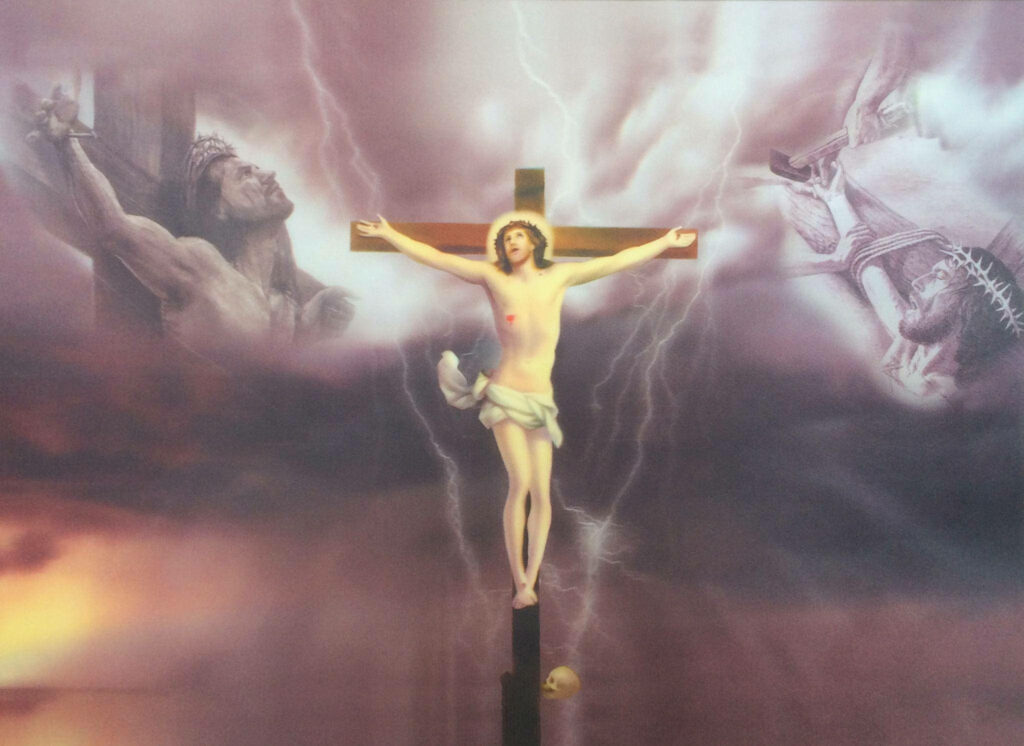 The Divine Sacrifice: Jesus Crucified amidst Dramatic Clouds and Lightning, with a Powerful Contrast between Suffering and Redemption Wallpaper