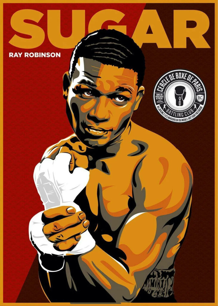 Sugar Ray Robinson vibrant boxing pose digital art wallpaper with bold colors and dynamic style
