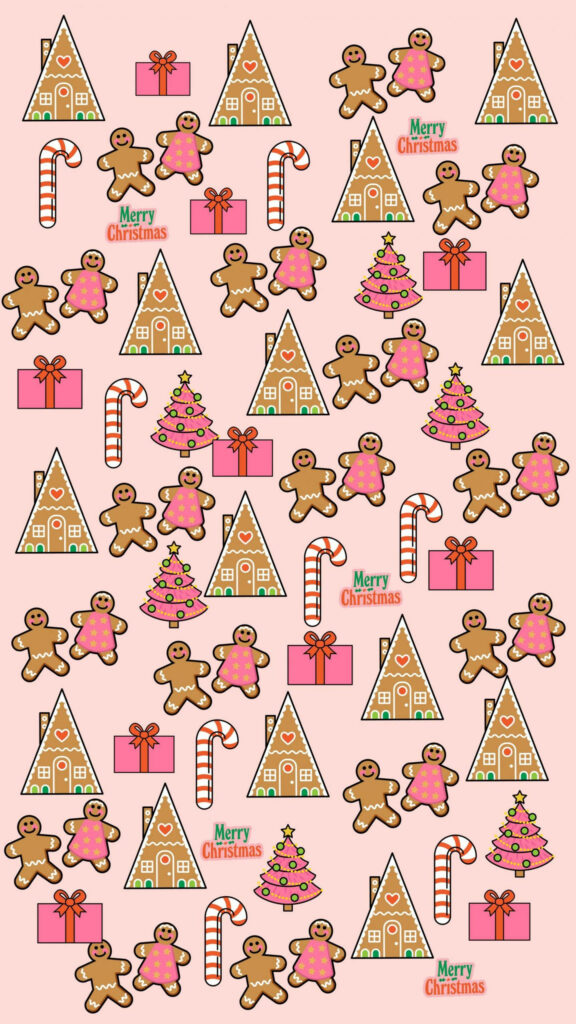 Festive Gingerbread Delight: A Whimsical Christmas Phone Wallpaper with Pink Patterns of Candies, Gifts, and Holiday Homes