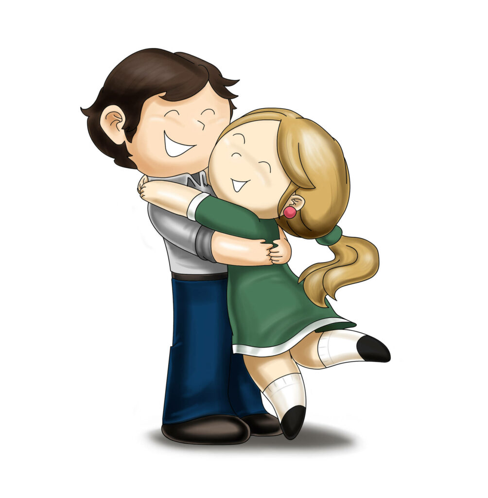 Happily Embracing Love: A Delightful Cartoon Couple Cherishing Each Other Wallpaper