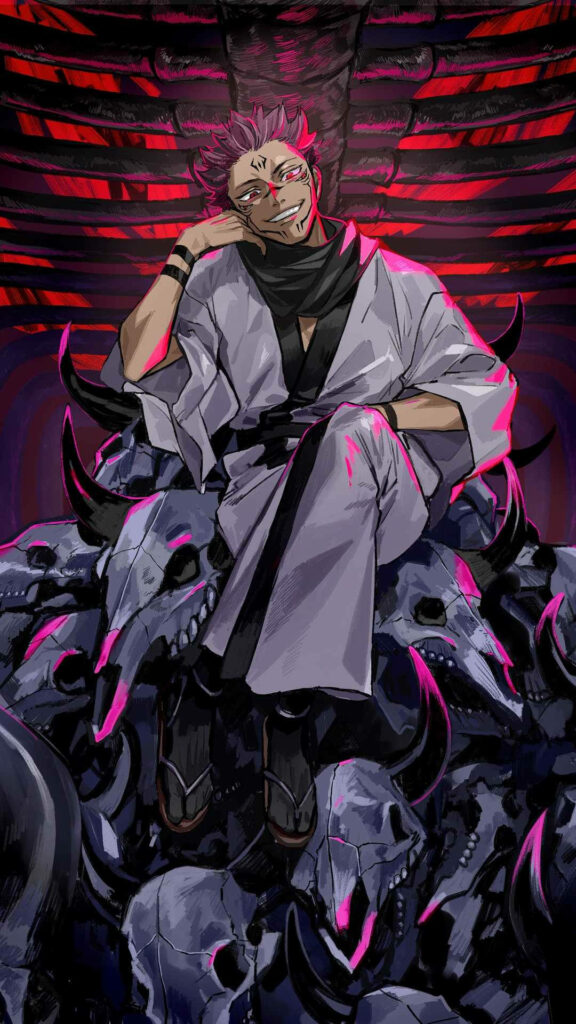 The King of Curse Spirits: Sukuna, Ruling in the Remnants of a Sacred Shrine, Illuminated by Sinister Scarlet Glow Wallpaper