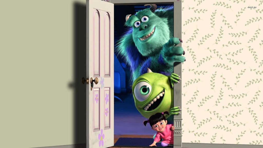 Joyful Monsters Inc Scene: Sully, Mike & Boo Peek Through Doorway Wallpaper