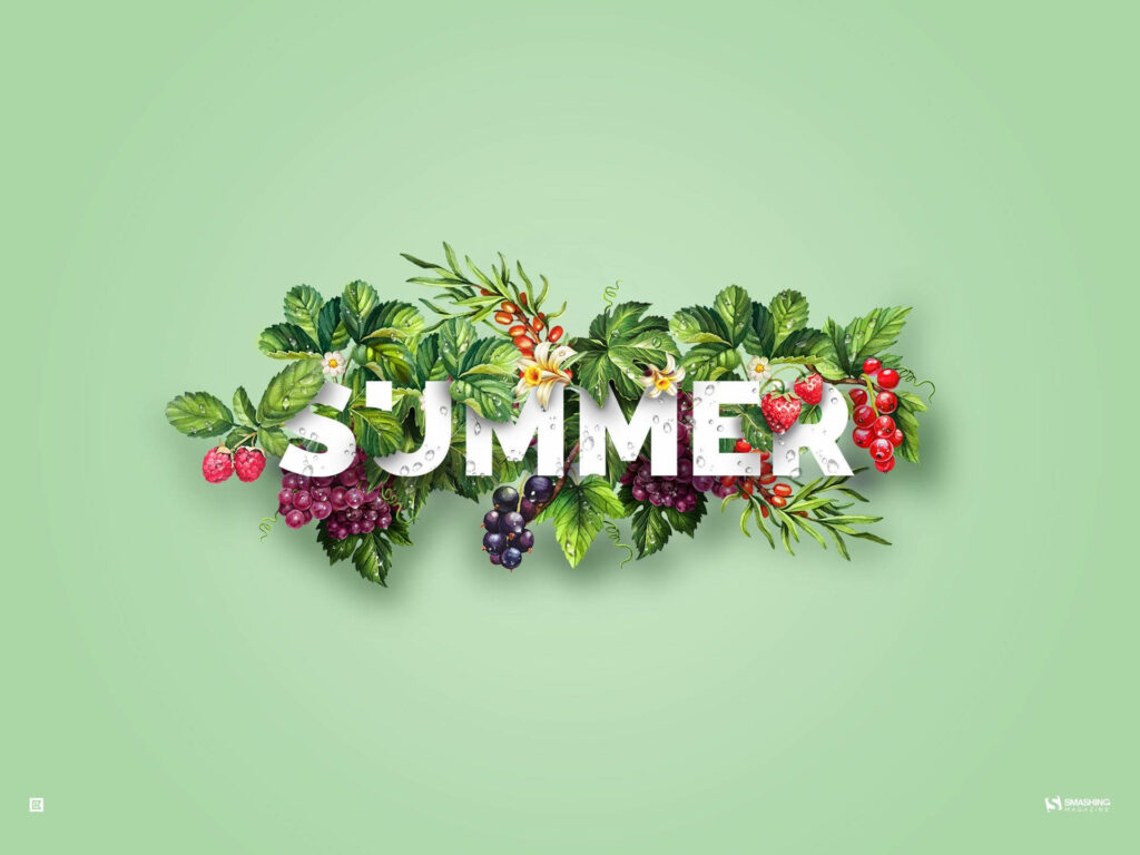 Summer wallpaper with white text, green leaves, white flowers, strawberries, and currants on mint background