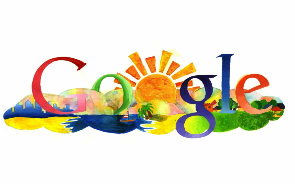 Hand-painted watercolor Google logo with summer beach scene palm tree sailboat house wallpaper