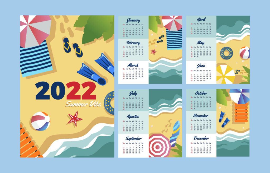 Summer Vibe 2022 calendar wallpaper with colorful beach scene umbrellas flip-flops towels vector