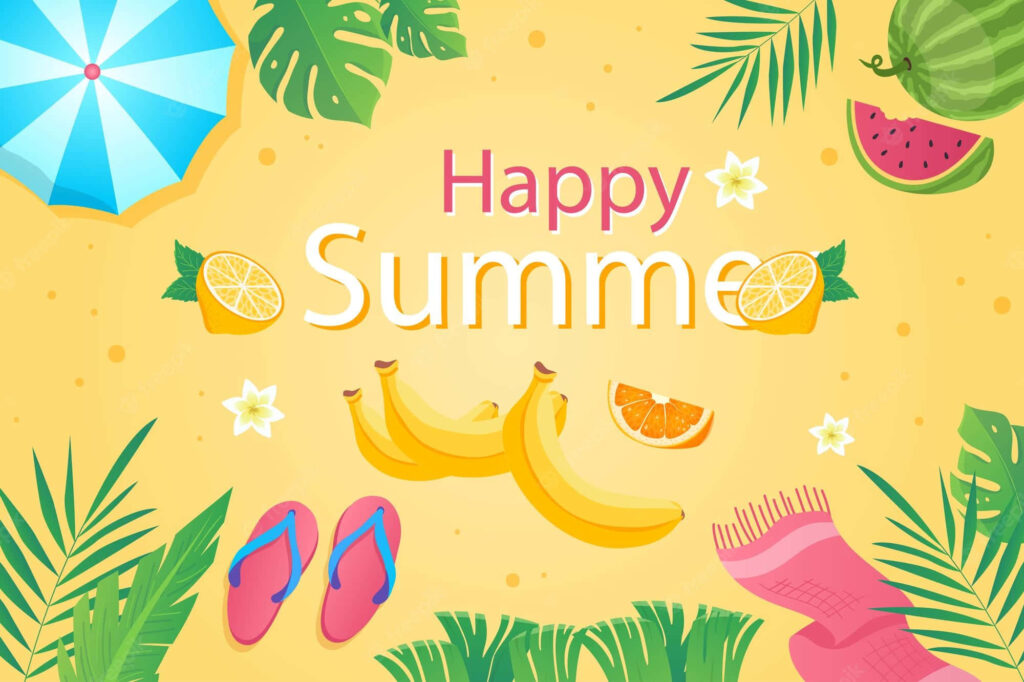 Happy Summer vibrant summer illustration with tropical fruit palm leaves and beach umbrella background Wallpaper