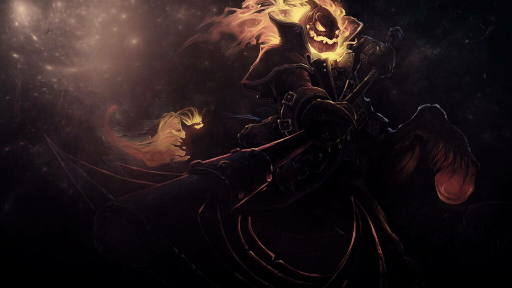 Hecarim: The Terrifying Equine Specter Rises with a Sinister Halloween Decor and Menacing Scythe Wallpaper