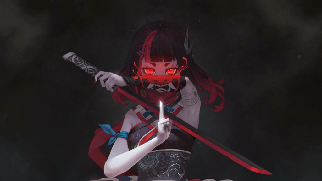 Summoning The Demon: A Red Anime Devil Wallpaper featuring a Tattooed Girl and Her Fiery Gaze