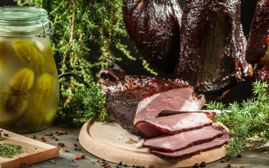 Sumptuous Wallpaper: Freshly Sliced Smoked Ham on Wooden Board