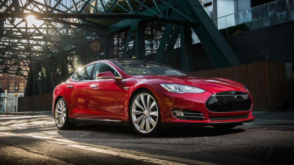 Red Hot Tesla Model S: Under the Bridge in Ultra HD 8k Wallpaper