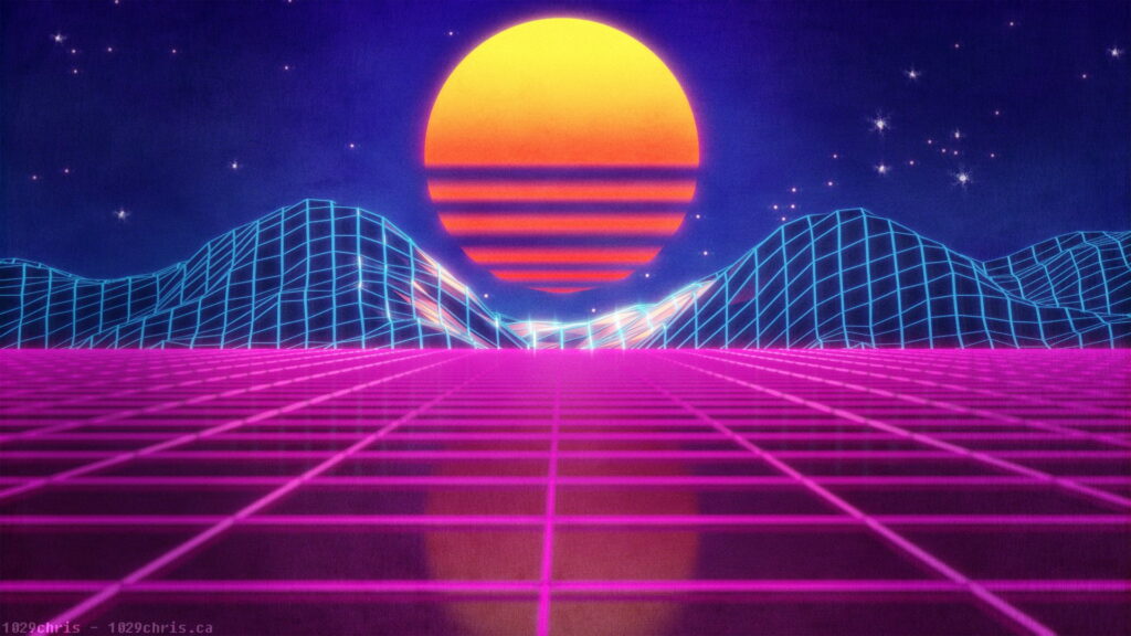 Retro Wave 80s neon sun setting behind wireframe mountains on glowing magenta grid floor Wallpaper