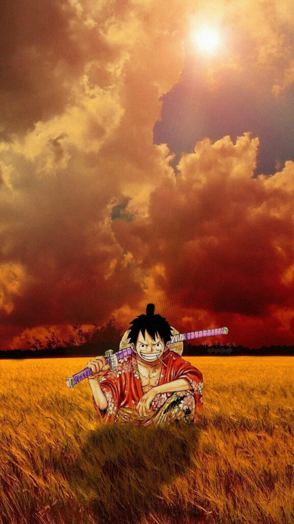 Smiling Samurai Spirit: Luffy's Radiant Smile Amidst a Sunlit Meadow - Epic Mobile Wallpaper