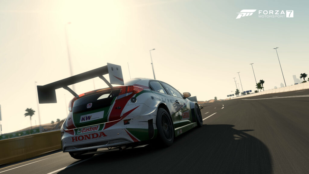 Sunlit Speed: Exhilarating 2014 Honda Civic WTCC in Forza Motorsport 7 Wallpaper