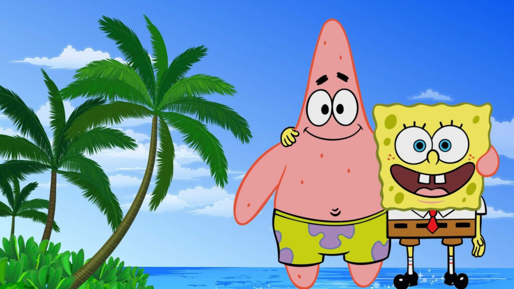 SpongeBob and Patrick cheerful on tropical beach with palm trees and blue ocean wallpaper