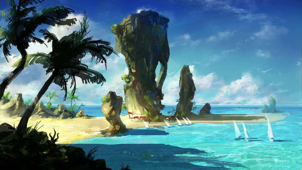 Tropical island digital painting with palm trees sailboats turquoise water and sandy beach wallpaper