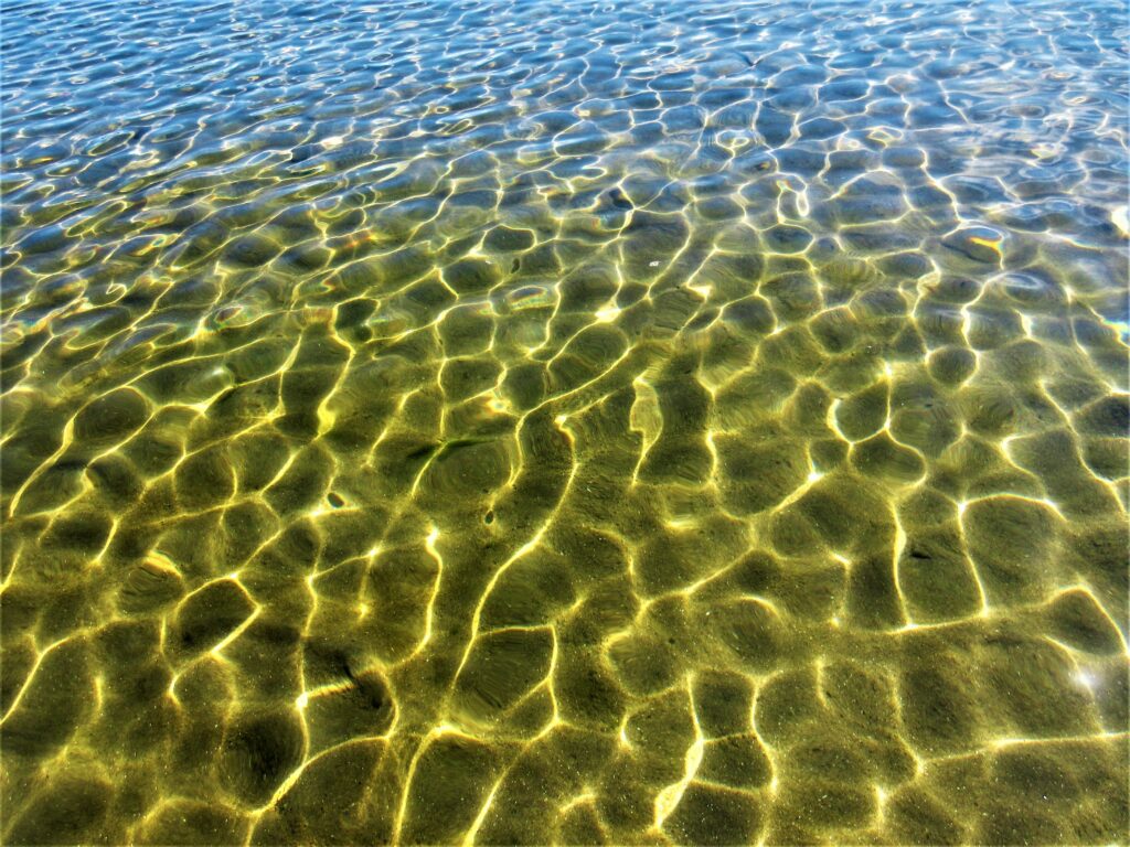 Sunlight ripples over clear shallow water with golden sand creating shimmering natural patterns Wallpaper