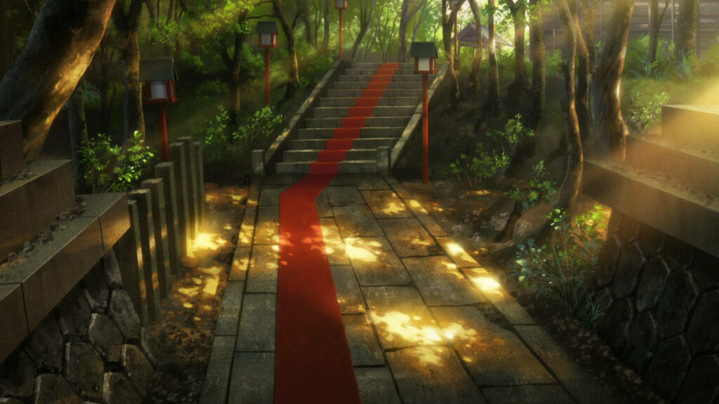Sunlight through trees on stone path with lanterns and red line from A Whisker Away wallpaper