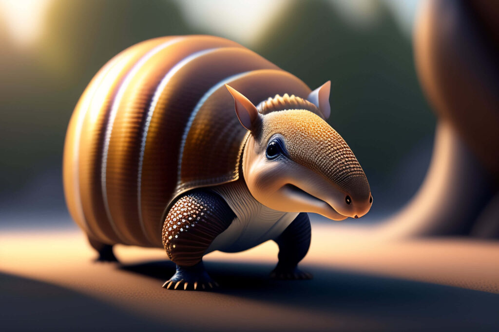 Illustrated armadillo with glowing textured shell on sunlit ground at sunset wallpaper background