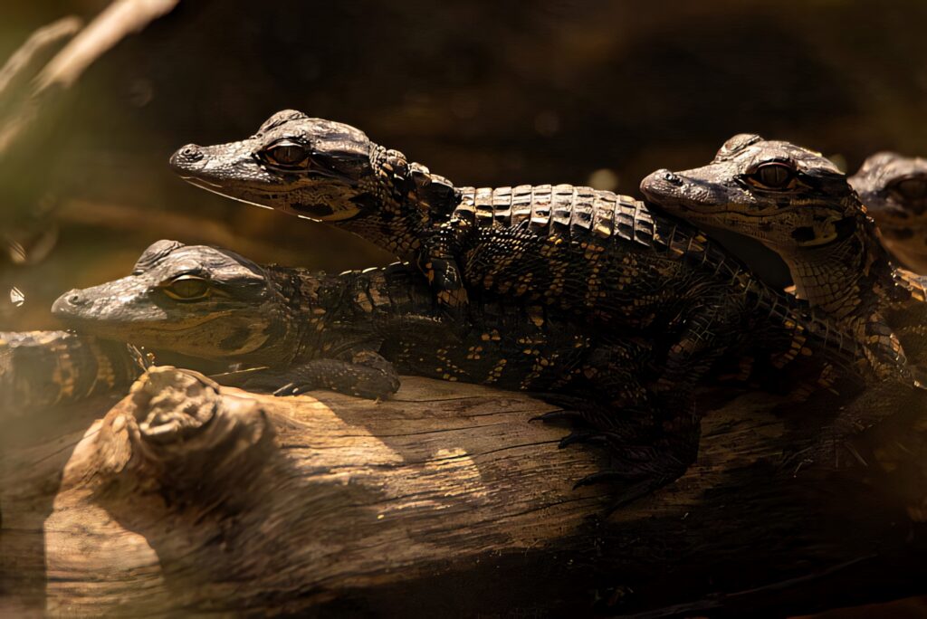 Young caimans bask on sunlit log showing textured scales and natural earthy tones background Wallpaper