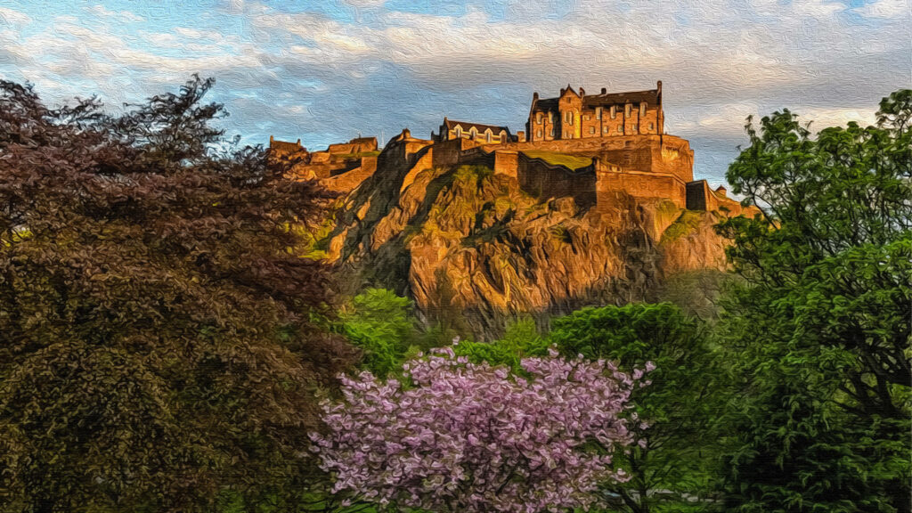 Edinburgh Castle on rugged hill with sunlight lush trees and blooming pink flowers wallpaper background