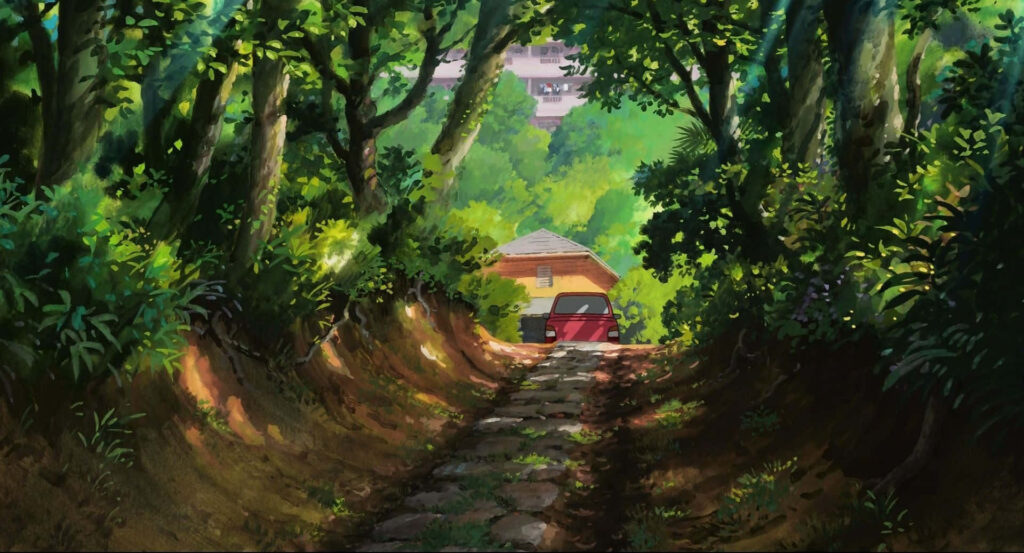 Sunlit forest path to quaint house surrounded by lush greenery Arrietty adventure wallpaper