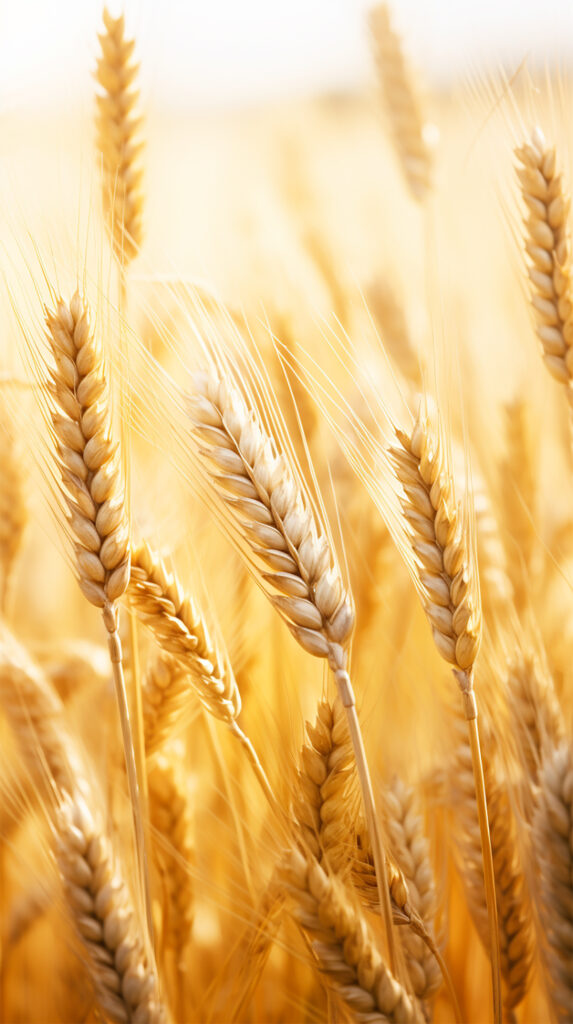 Golden wheat ears in sunlit field with soft focus highlighting textures and warm summer tones Wallpaper