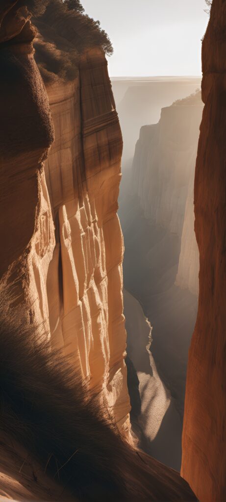 Sunlit gorge with towering rocky cliffs winding river warm earthy tones nature wallpaper background